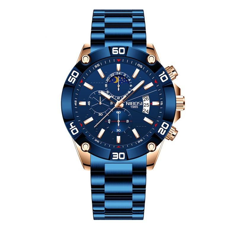 Solid stainless steel moon phase men's watch multi-functional three-eye six-hand chronograph sports quartz watch