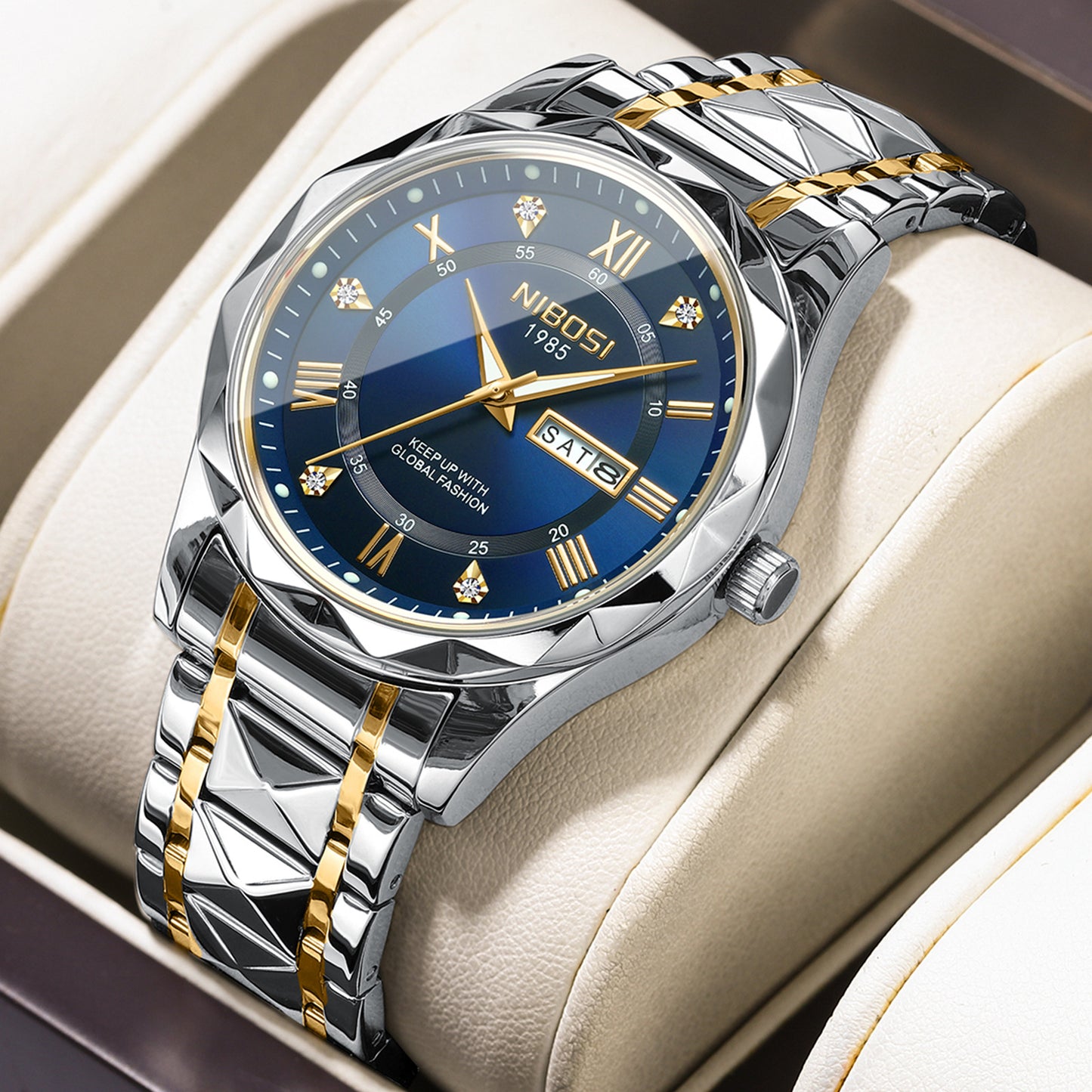A new type of fashionable and casual quartz watch with luminous double date for men and water resistance