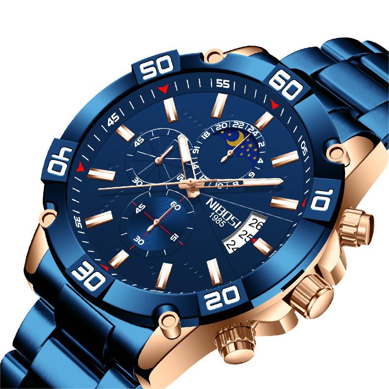 Solid stainless steel moon phase men's watch multi-functional three-eye six-hand chronograph sports quartz watch
