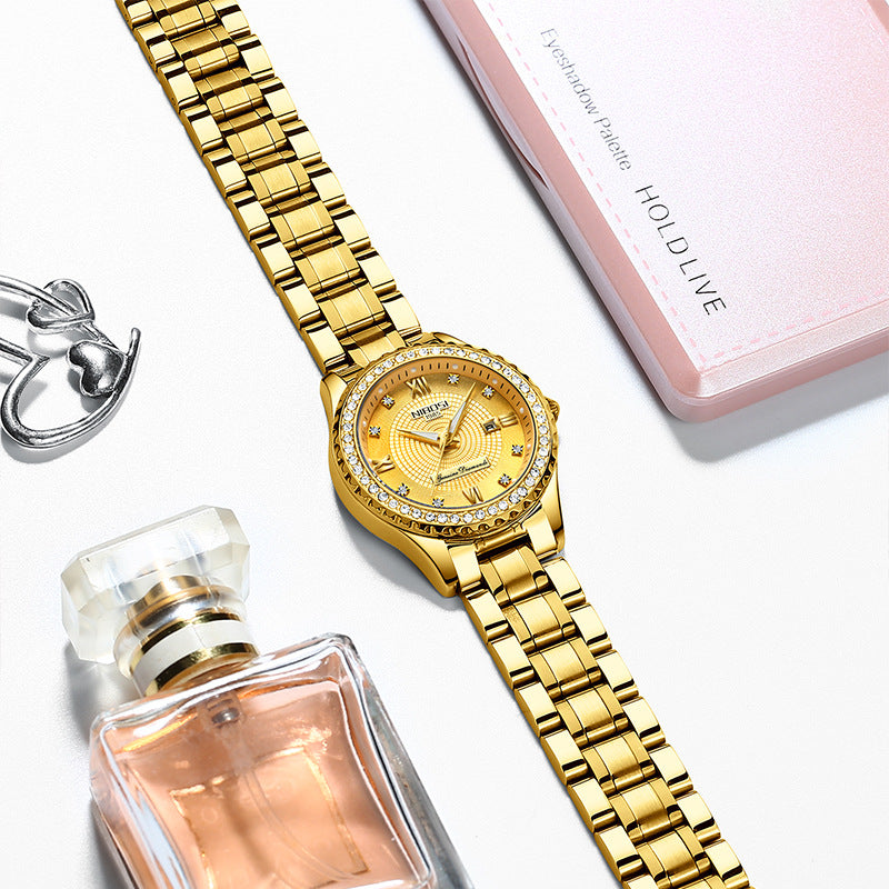 Casual steel band couple women's watch, water-resistant, luminous and diamond-encrusted English watch