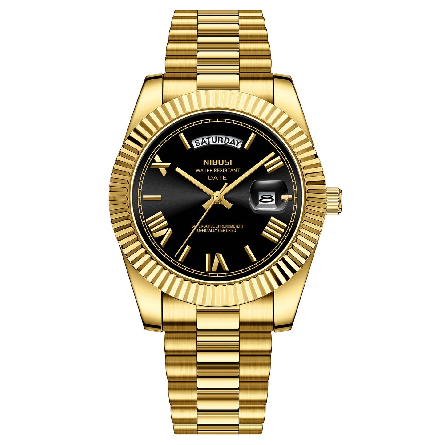 Fashionable and trendy men's watch, solid steel band crown, black dial quartz wristwatch for men