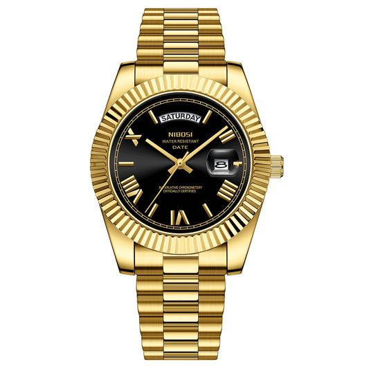 Fashionable and trendy men's watch, solid steel band crown, black dial quartz wristwatch for men