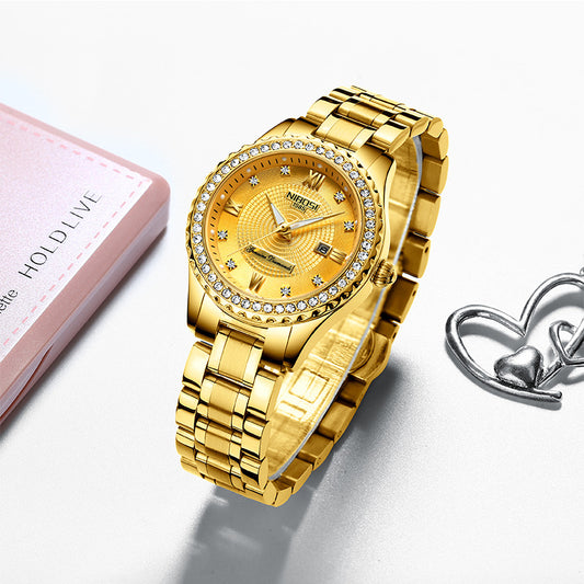 Casual steel band couple women's watch, water-resistant, luminous and diamond-encrusted English watch