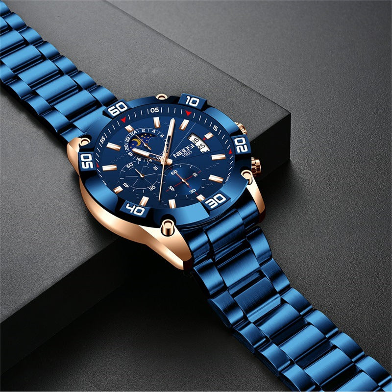 Solid stainless steel moon phase men's watch multi-functional three-eye six-hand chronograph sports quartz watch