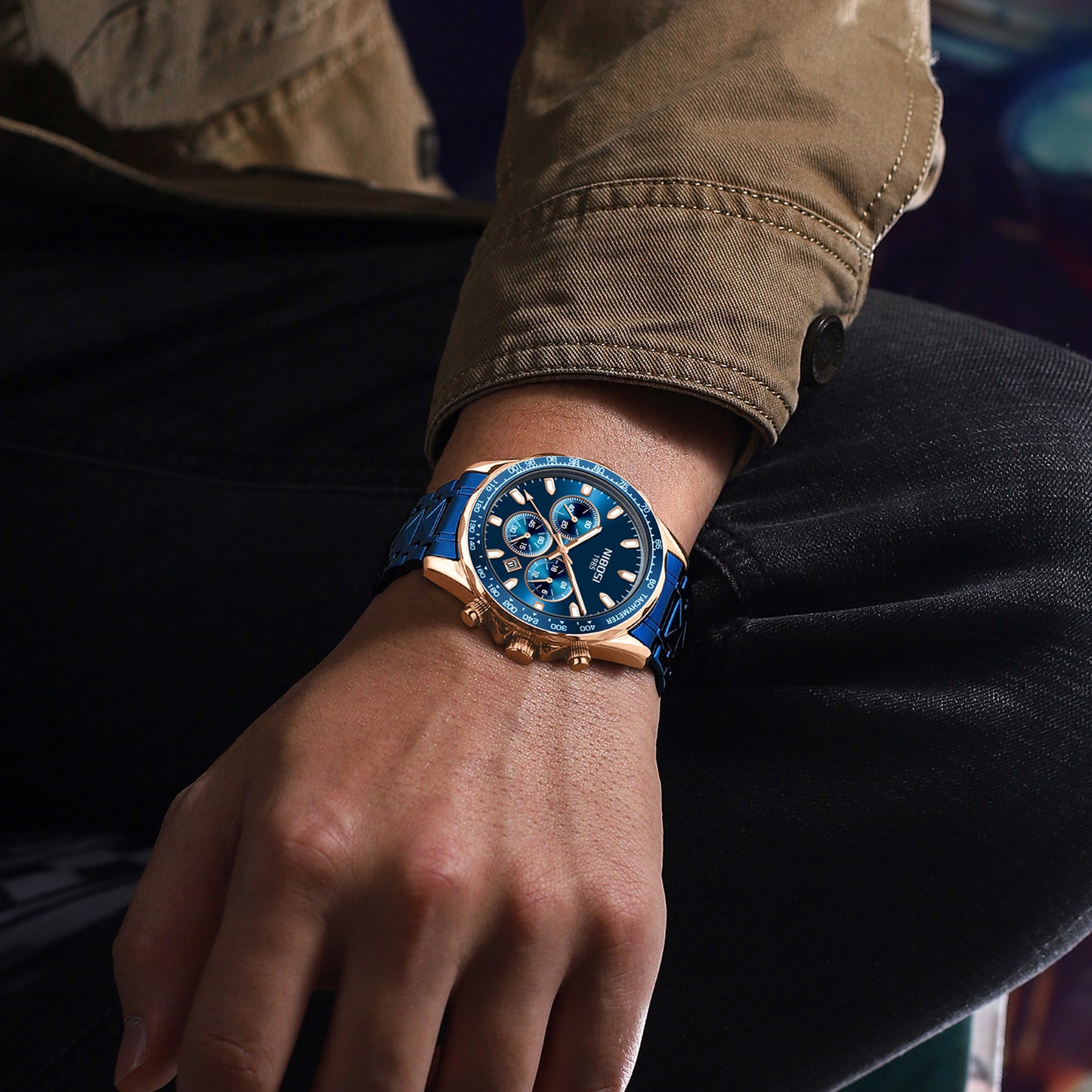 Men's casual quartz watch, water-resistant luminous stainless steel watch