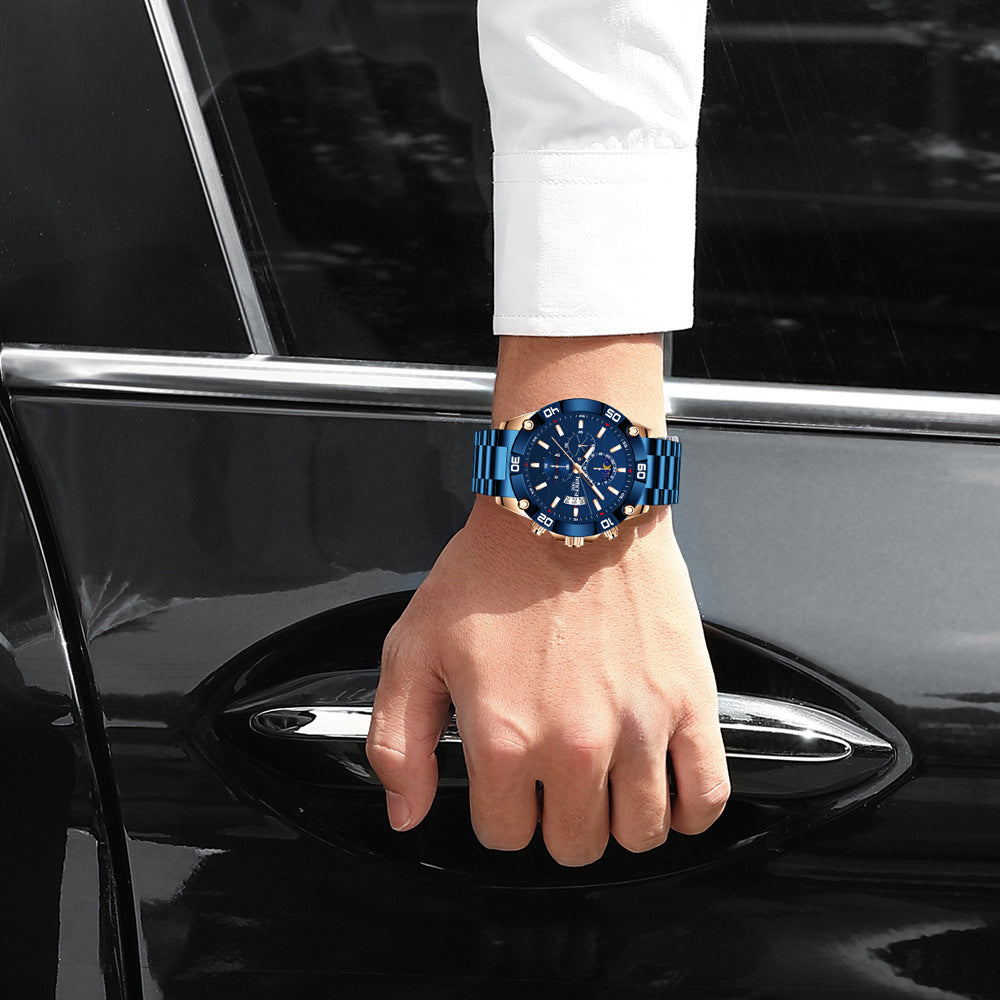 Solid stainless steel moon phase men's watch multi-functional three-eye six-hand chronograph sports quartz watch
